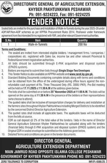 Agriculture Departmet Peshawar Tender Notice